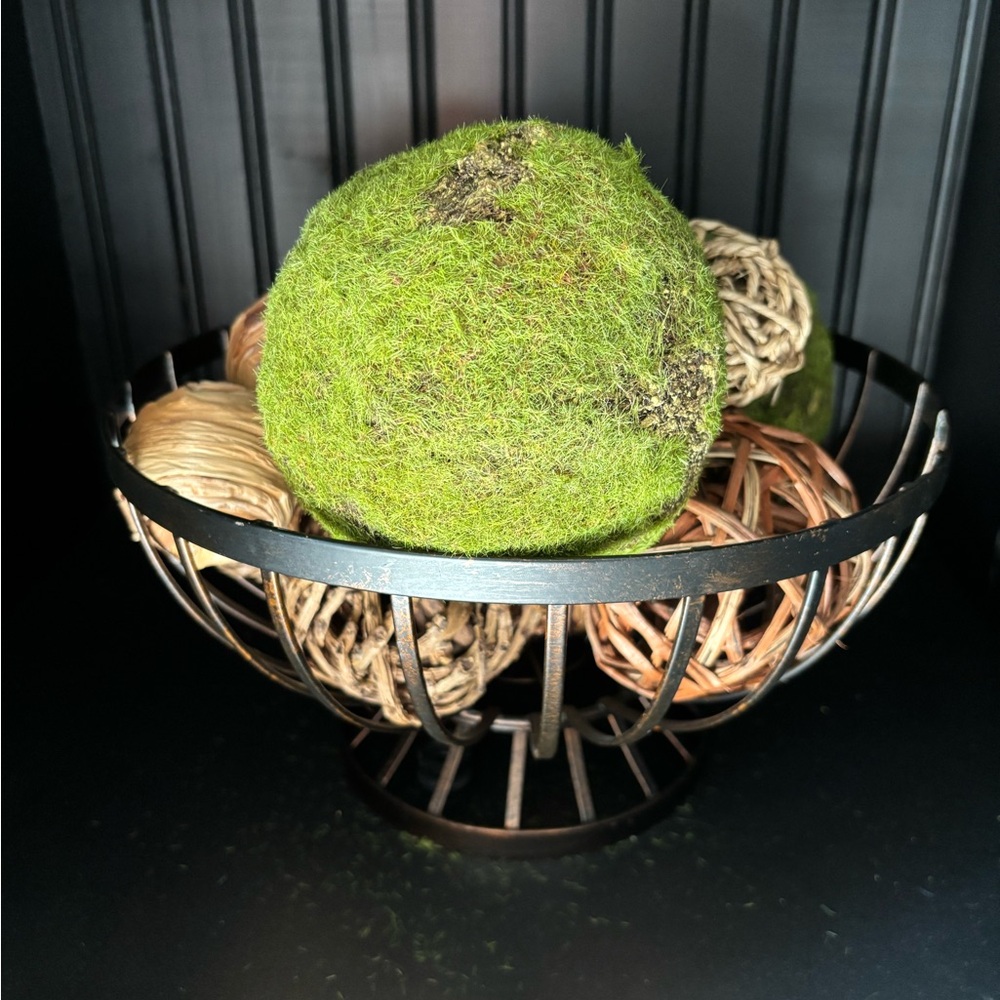 Farmhouse Decorative Bronze Metal Bowl with Moss and Tine Balls